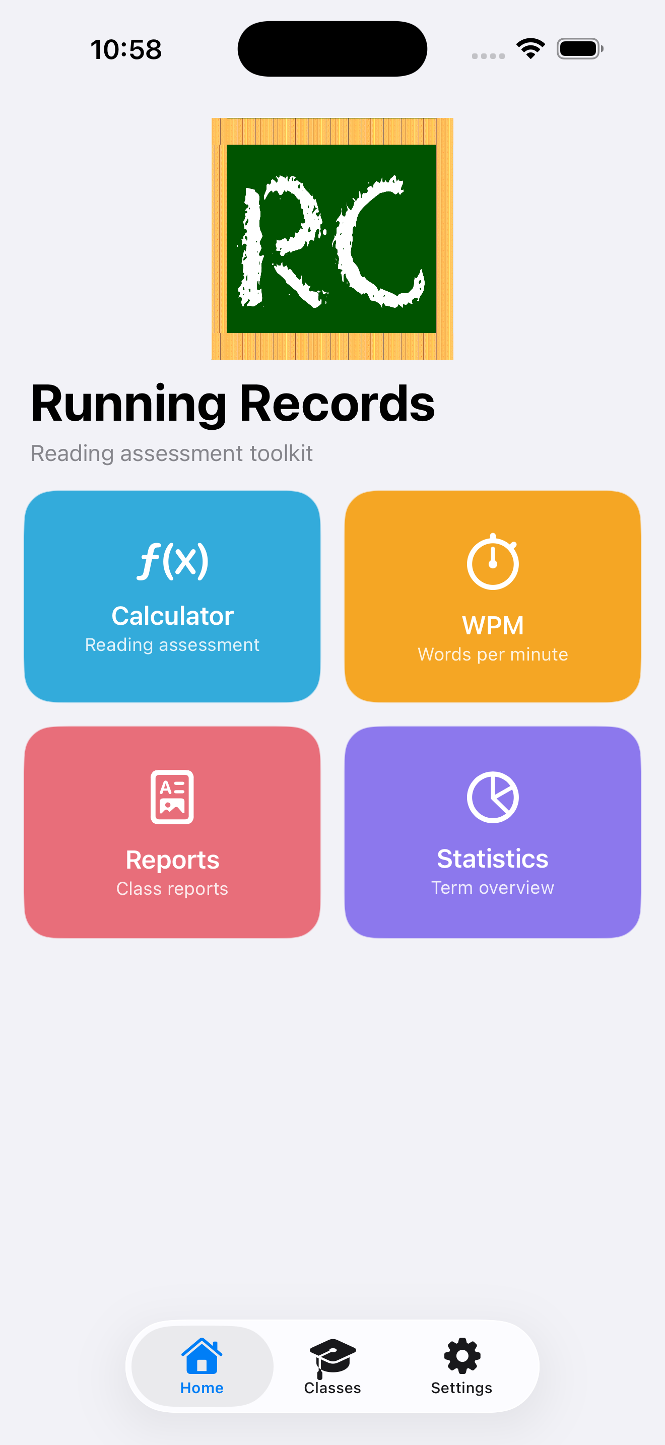 Running Records Calculator showing reading level tracking